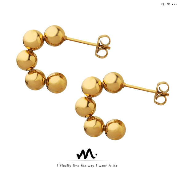 Women's Retro Geometric C Shaped Small Round Bead Stitching Earrings In Titanium Steel With Electroplated Gold Finish