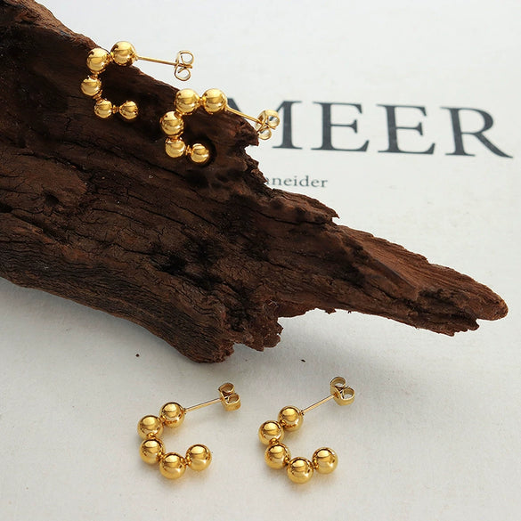 Women's Retro Geometric C Shaped Small Round Bead Stitching Earrings In Titanium Steel With Electroplated Gold Finish
