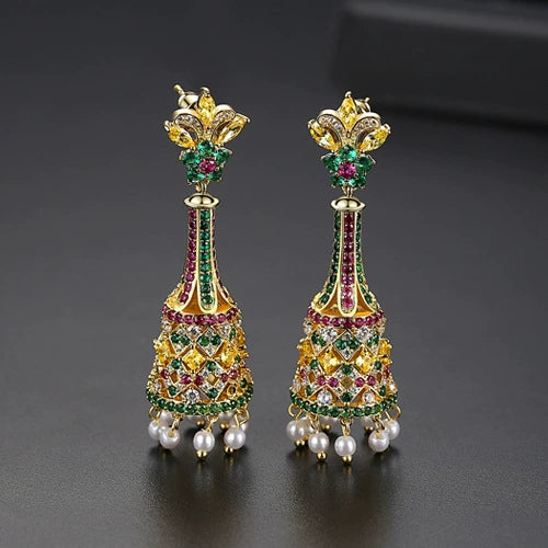 Women's Retro Geometric Copper Long Bellshaped Drop Earrings With Colorful Pearl And Zircon Details Electroplated Finish