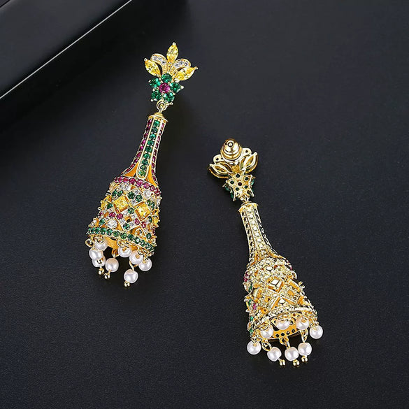 Women's Retro Geometric Copper Long Bellshaped Drop Earrings With Colorful Pearl And Zircon Details Electroplated Finish