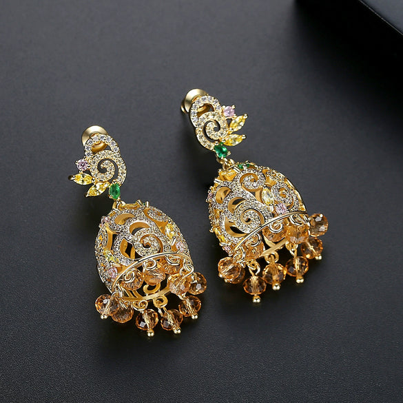 Women's Retro Geometric Copper Tassel Earrings With Zircon Crystal Accents And Electroplated Court Style Design