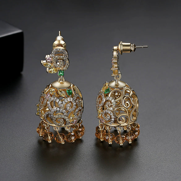 Women's Retro Geometric Copper Tassel Earrings With Zircon Crystal Accents And Electroplated Court Style Design