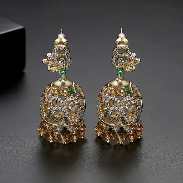 Women's Retro Geometric Copper Tassel Earrings With Zircon Crystal Accents And Electroplated Court Style Design