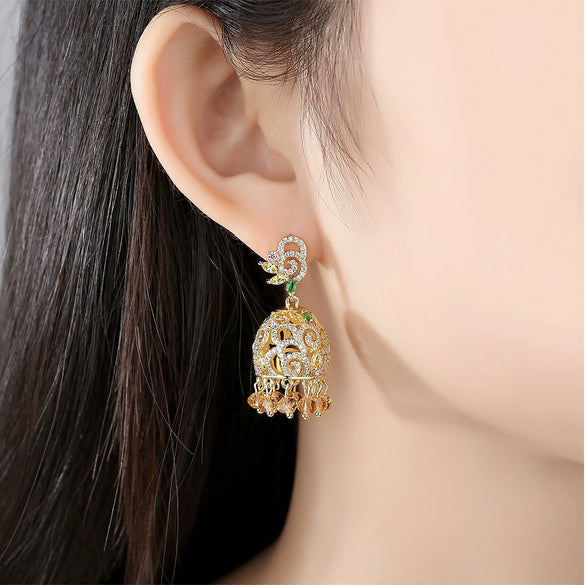 Women's Retro Geometric Copper Tassel Earrings With Zircon Crystal Accents And Electroplated Court Style Design