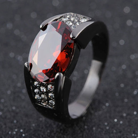 Women's Retro Geometric Egg Shaped Crystal Ring In Copper With Gun Black Plated Finish And Red Gemstone Accent
