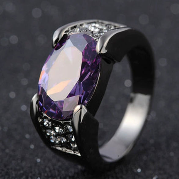 Women's Retro Geometric Egg Shaped Crystal Ring In Copper With Gun Black Plated Finish And Red Gemstone Accent