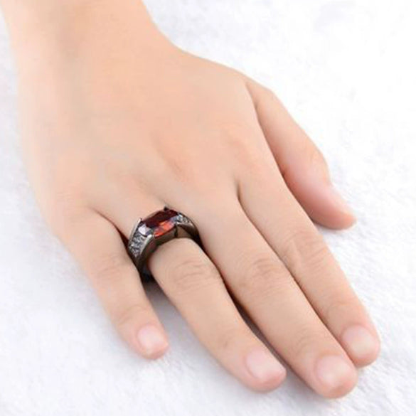 Women's Retro Geometric Egg Shaped Crystal Ring In Copper With Gun Black Plated Finish And Red Gemstone Accent