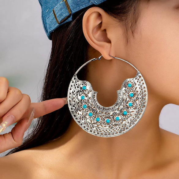 Women's Retro Geometric Hollow Round Earrings Electroplated Stainless Steel Fashion Jewelry Wholesale