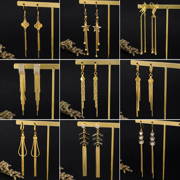 Women's Retro Geometric Long Tassel Earrings Electroplated Copper Vintage Style Statement Jewelry