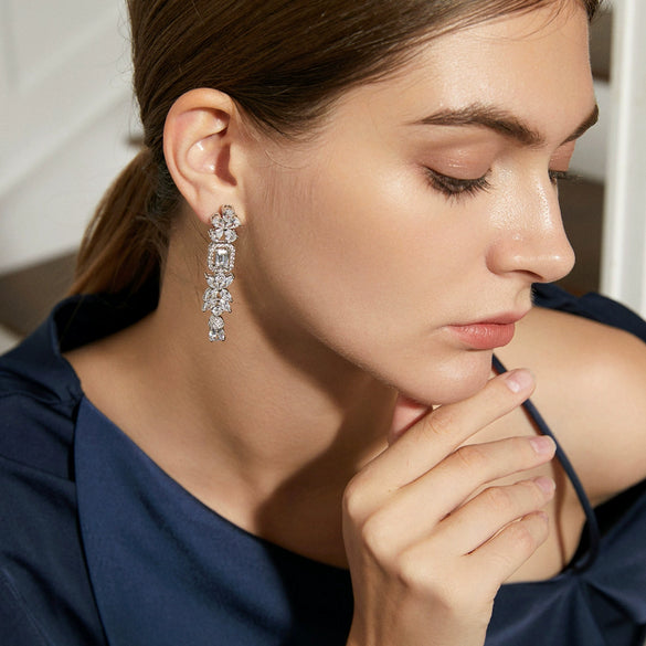 Women's Retro Geometric Long Tassel Earrings With Zircon Accents Electroplated Copper Medieval Style Drop Jewelry