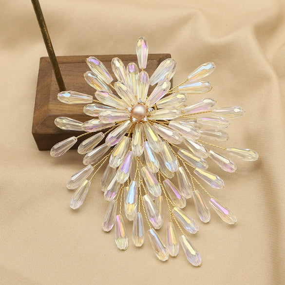 Women's Retro Geometric Natural Freshwater Pearl Brooch With Colorful Branch And Sunflower Design Electroplated Pearl Pin