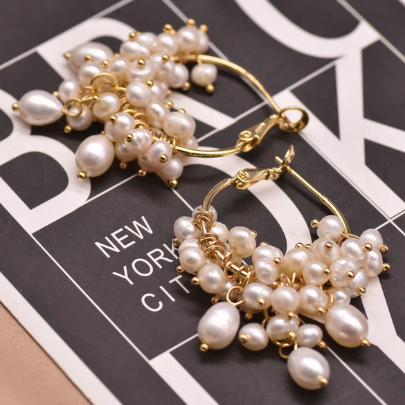 Women's Retro Geometric Natural Pearl Tassel Earrings With Electroplated Finish High End Summer Jewelry Accessory