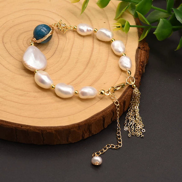 Women's Retro Geometric Pearl And Blue Crystal Beaded Bracelet With Electroplated Citrine Style Details