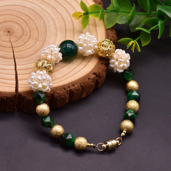 Women's Retro Geometric Pearl And Blue Crystal Beaded Bracelet With Electroplated Citrine Style Details