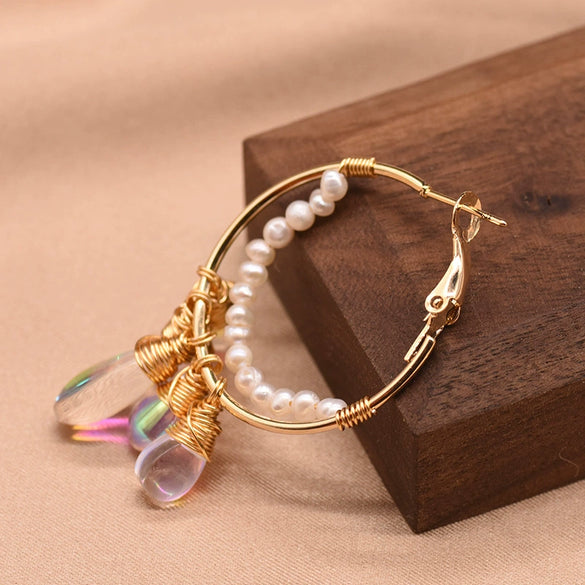 Women's Retro Geometric Pearl Drop Earrings With Colorful Electroplated Finish High End Fashion Jewelry