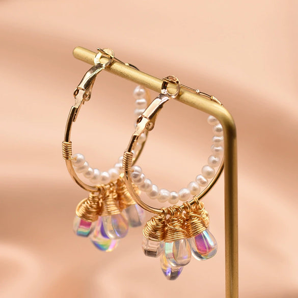 Women's Retro Geometric Pearl Drop Earrings With Colorful Electroplated Finish High End Fashion Jewelry