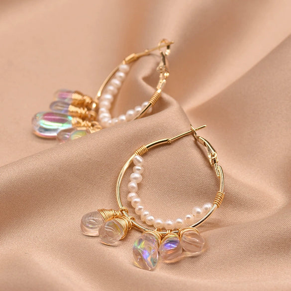 Women's Retro Geometric Pearl Drop Earrings With Colorful Electroplated Finish High End Fashion Jewelry