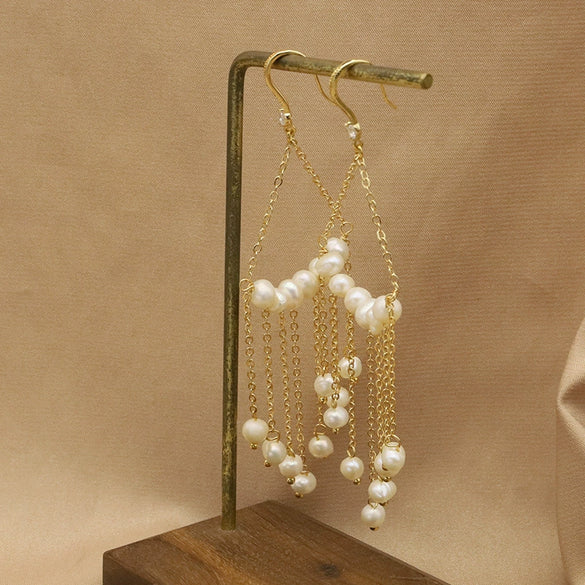 Women's Retro Geometric Pearl Drop Tassel Earrings With Electroplated Finish Light Luxury Style