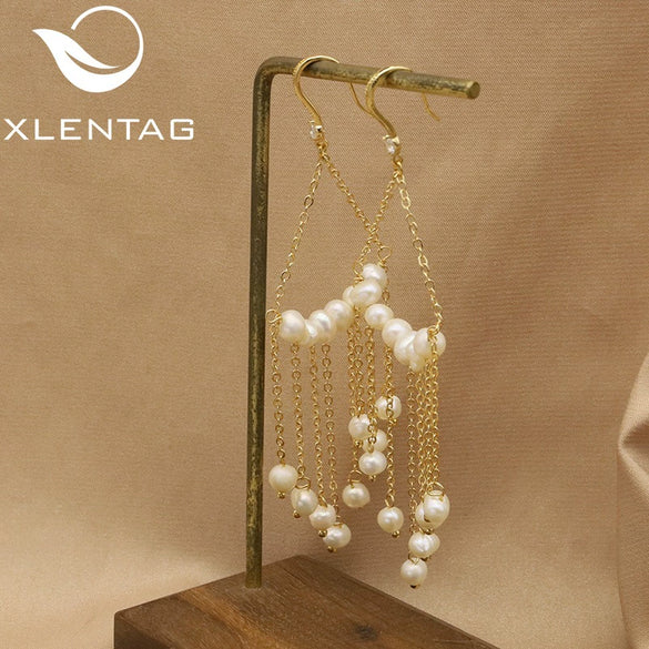 Women's Retro Geometric Pearl Drop Tassel Earrings With Electroplated Finish Light Luxury Style