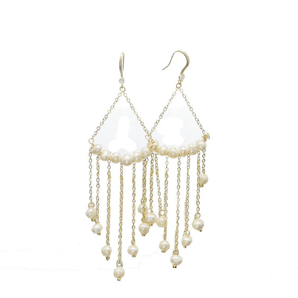 Women's Retro Geometric Pearl Drop Tassel Earrings With Electroplated Finish Light Luxury Style