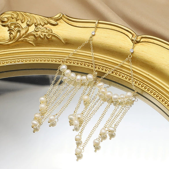 Women's Retro Geometric Pearl Drop Tassel Earrings With Electroplated Finish Light Luxury Style
