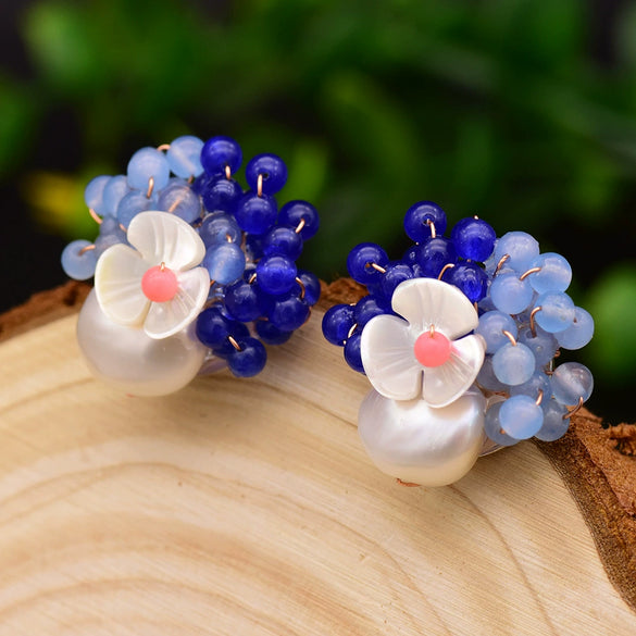 Women's Retro Geometric Pearl Earrings With Blue Natural Stone Electroplated High Grade Silver Vintage Style