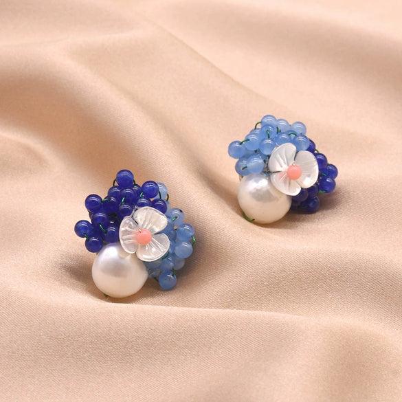 Women's Retro Geometric Pearl Earrings With Blue Natural Stone Electroplated High Grade Silver Vintage Style