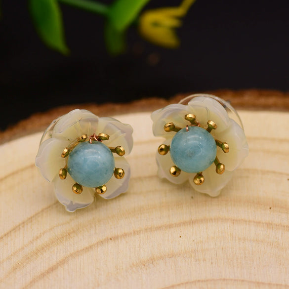 Women's Retro Geometric Pearl Earrings With Blue Natural Stone Electroplated High Grade Silver Vintage Style