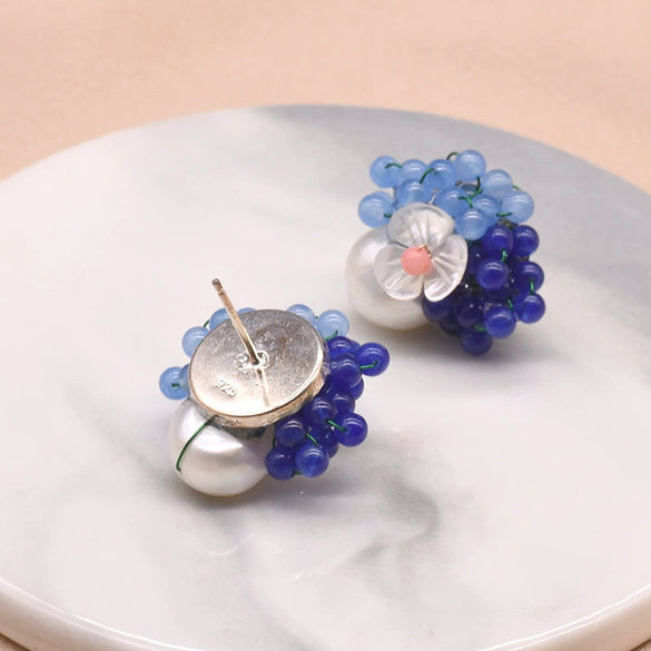 Women's Retro Geometric Pearl Earrings With Blue Natural Stone Electroplated High Grade Silver Vintage Style