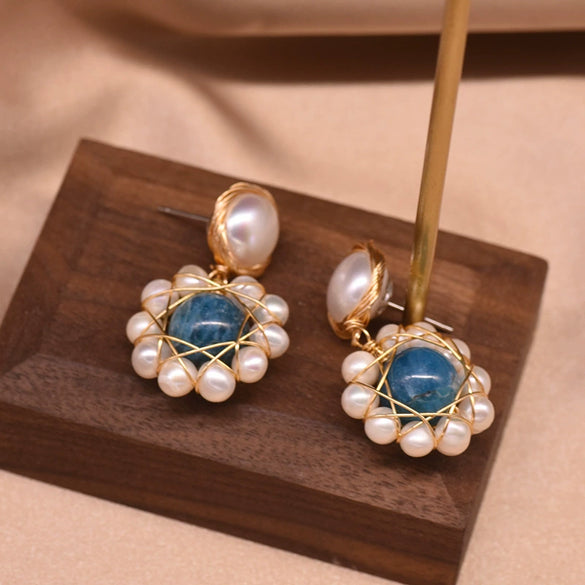 Women's Retro Geometric Pearl Earrings With Crystal Inlay And Freshwater Round Pearl Electroplated Statement Jewelry