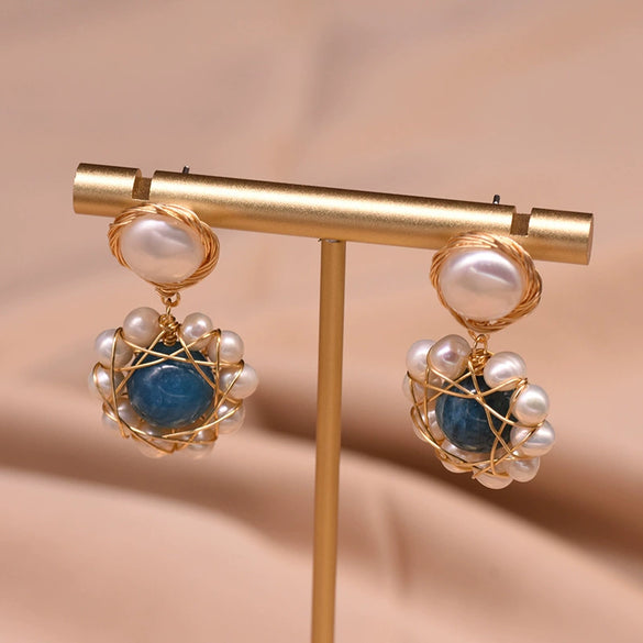 Women's Retro Geometric Pearl Earrings With Crystal Inlay And Freshwater Round Pearl Electroplated Statement Jewelry