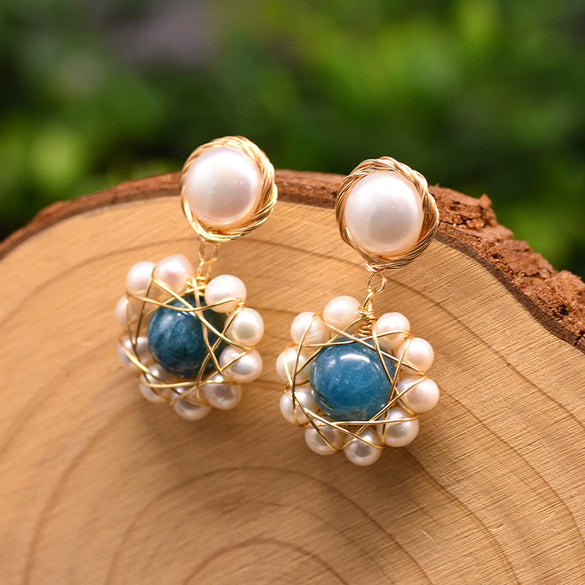 Women's Retro Geometric Pearl Earrings With Crystal Inlay And Freshwater Round Pearl Electroplated Statement Jewelry