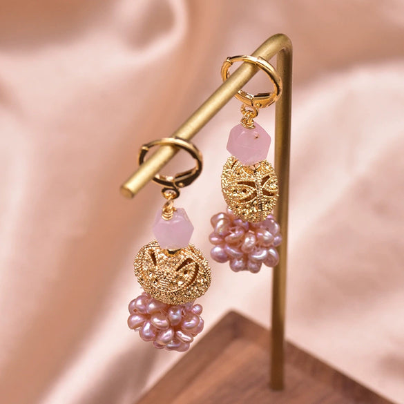 Women's Retro Geometric Pearl Earrings With Pink Crystal Freshwater Pearl Electroplated Jewelry