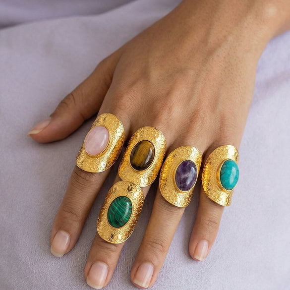 Women's Retro Geometric Stainless Steel Open Ring With Natural Stone And 18K Vacuum Plated Finish