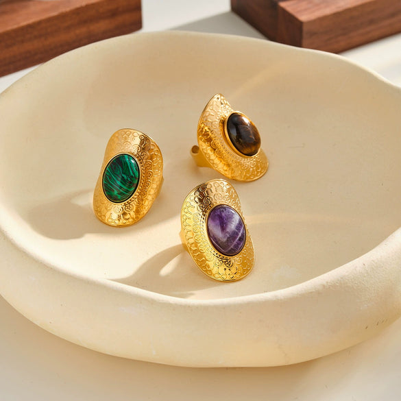 Women's Retro Geometric Stainless Steel Open Ring With Natural Stone And 18K Vacuum Plated Finish