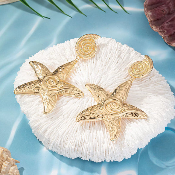 Women's Retro Geometric Starfish Shell Earrings Exaggerated Long Metal Statement Jewelry Wholesale