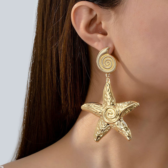 Women's Retro Geometric Starfish Shell Earrings Exaggerated Long Metal Statement Jewelry Wholesale