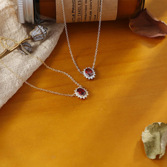 Women's Retro Geometric 925 Sterling Silver Necklace With Gemstoneset Pomegranate Pendant And Cross Chain