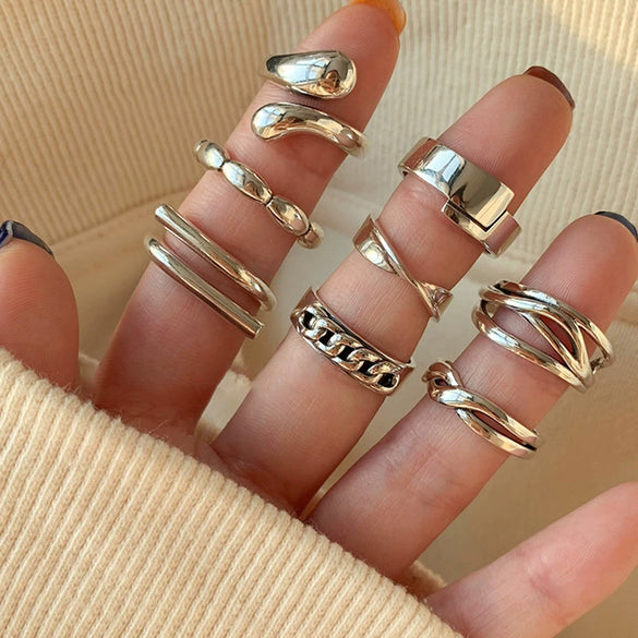 Women's Retro Geometric Thai Silver Plated Adjustable Open Index Finger Ring With Electroplated Simple Combination Design