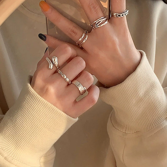 Women's Retro Geometric Thai Silver Plated Adjustable Open Index Finger Ring With Electroplated Simple Combination Design
