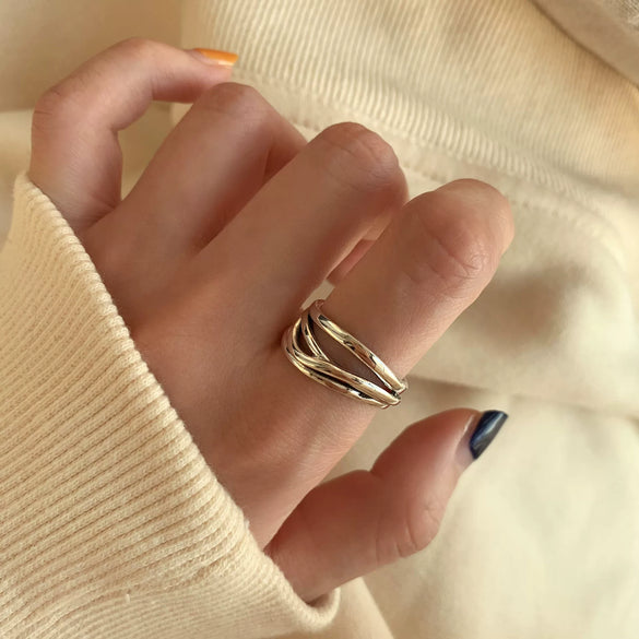 Women's Retro Geometric Thai Silver Plated Adjustable Open Index Finger Ring With Electroplated Simple Combination Design