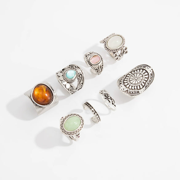 Women's Retro Geometric Wide Open Ring In Silvertone Alloy With Engraved Detail And Resin Cat's Eye Gemstone For Stacking