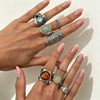 Women's Retro Geometric Wide Open Ring In Silvertone Alloy With Engraved Detail And Resin Cat's Eye Gemstone For Stacking