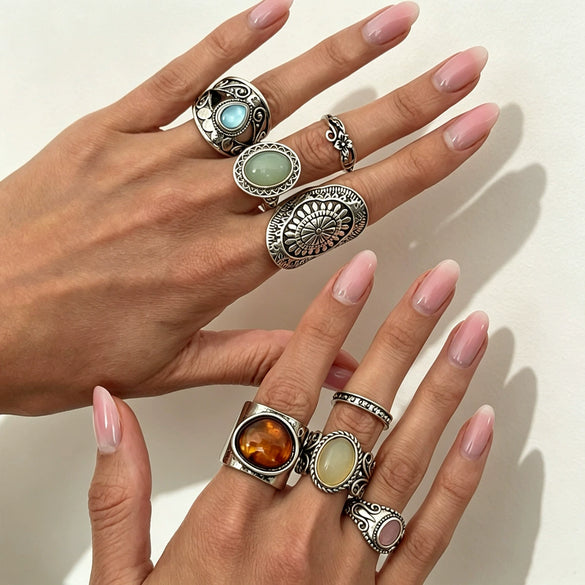 Women's Retro Geometric Wide Open Ring In Silvertone Alloy With Engraved Detail And Resin Cat's Eye Gemstone For Stacking