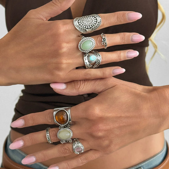Women's Retro Geometric Wide Open Ring In Silvertone Alloy With Engraved Detail And Resin Cat's Eye Gemstone For Stacking