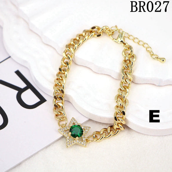 Women's Retro Gold Colored Copper Bracelet With Inlaid Zircon Five Point Star Geometric Design Electroplated Fashion Jewelry