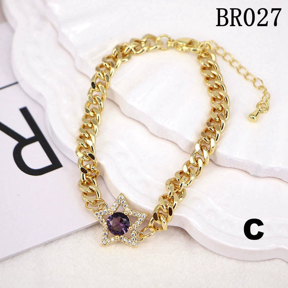 Women's Retro Gold Colored Copper Bracelet With Inlaid Zircon Five Point Star Geometric Design Electroplated Fashion Jewelry