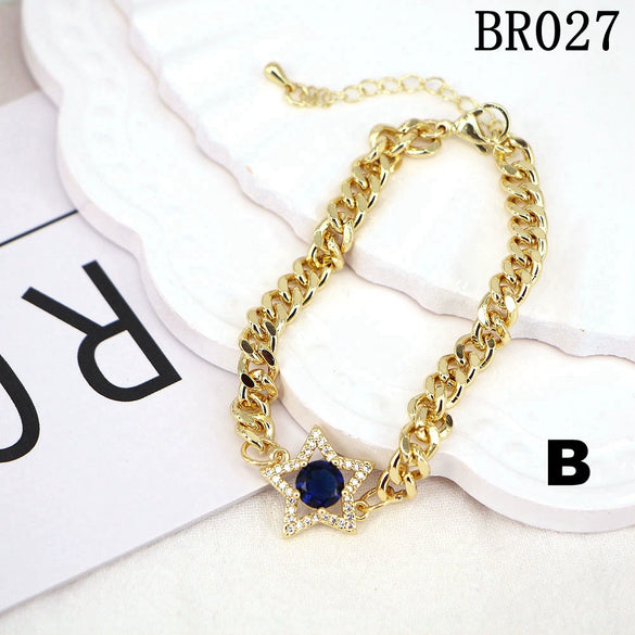 Women's Retro Gold Colored Copper Bracelet With Inlaid Zircon Five Point Star Geometric Design Electroplated Fashion Jewelry