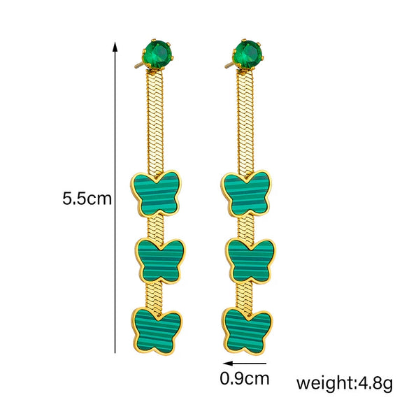 Women's Retro Green Striped Butterfly Stainless Steel Earrings With Chain Tassel And Electroplating