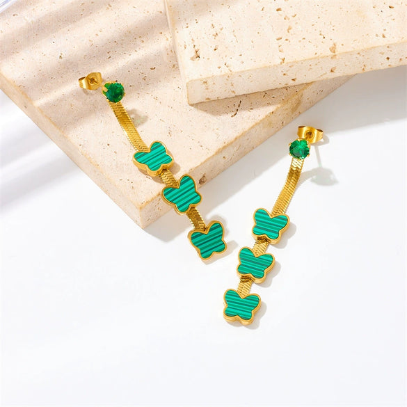 Women's Retro Green Striped Butterfly Stainless Steel Earrings With Chain Tassel And Electroplating